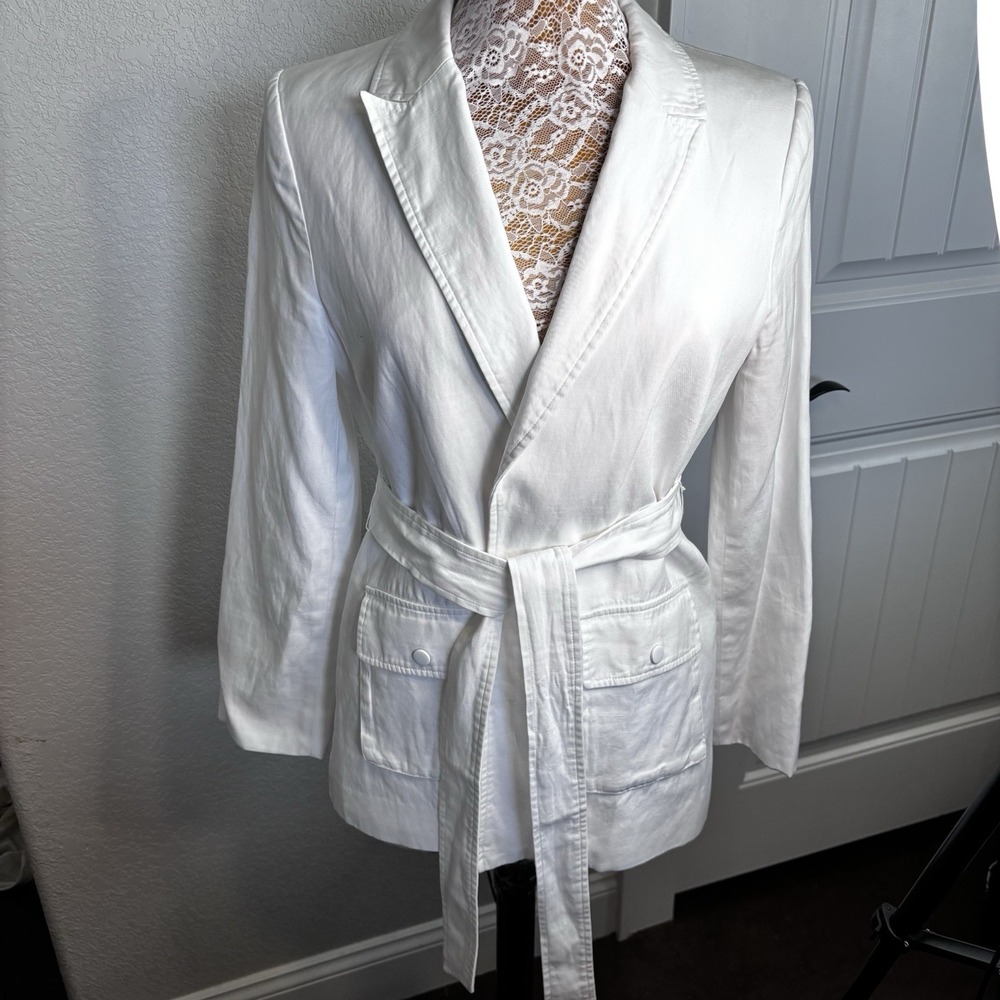 Alice Olivia Embers Military Jacket W/ Waist Tie Linen Blend White M Lined‎